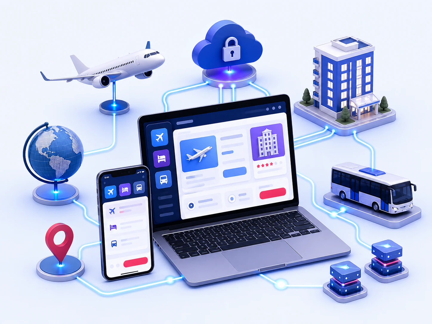 Connected travel booking platform with flight, hotel, bus, cloud, and mobile integrations