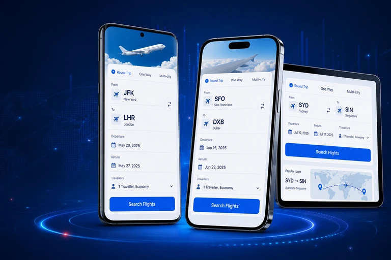 Android and iOS travel booking mobile application interfaces