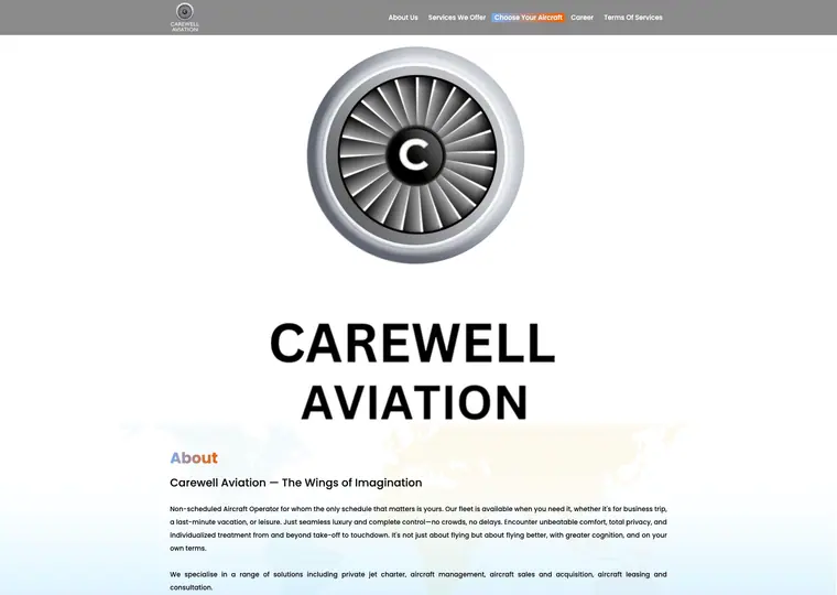 Carewell Aviation website interface